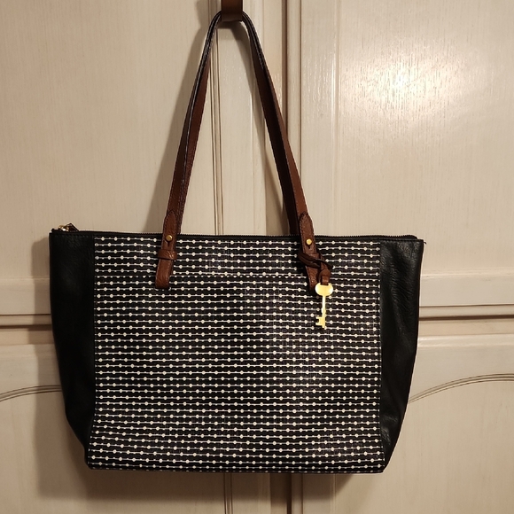 Fossil Black and White Rachel Tote with Brown Handles - Picture 1 of 14